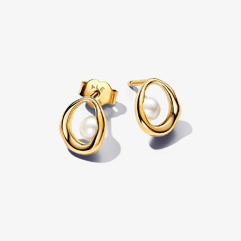 PANDORA : Organically Shaped Oval & Treated Freshwater Cultured Pearl Stud Earrings in Gold